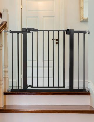 Picture of Babelio Baby Gate, 29-43" Auto-Close Easy Install Pet Gate, Extra Wide Walk Thru Child Safety Gate, 30" Tall Pressure-Mounted Metal Dog Gate for Doorways & Stairs, Black