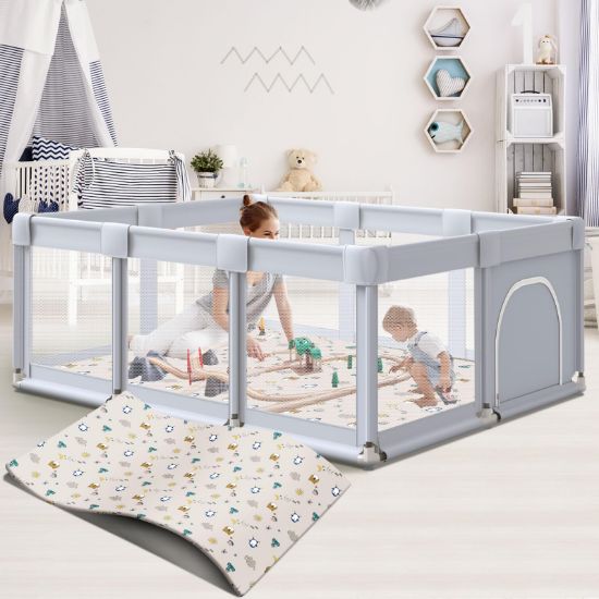 Picture of Hiaksedt Baby Playpen 74x50 in PlayPen for Babies and Toddlers, Large Play Yards for Indoor & Outdoor with Zipper Gates, Breathable Mesh with Mat
