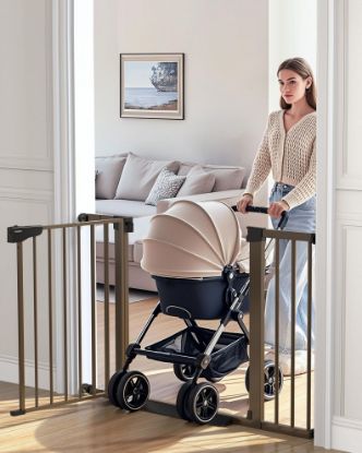 Picture of Cumbor 29.7-46" Baby Gate for Stairs, Mom's Choice Awards Winner-Auto Close Dog Gate for the House, Easy Install Pressure Mounted Pet Gates for Doorways, Easy Walk Thru Wide Safety Gate for Dog, Brown