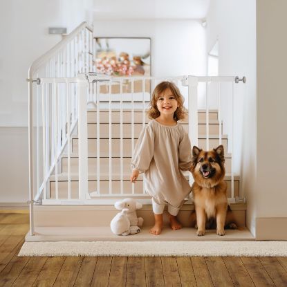 Picture of Babelio Metal Baby Gate, 29-48“ Auto Close Easy Install Pet Gate, Extra Wide Walk Thru Child Safety Gate, Pressure Mounted Dog Gate for Doorways & Stairs, with Y Spindle Rods, White