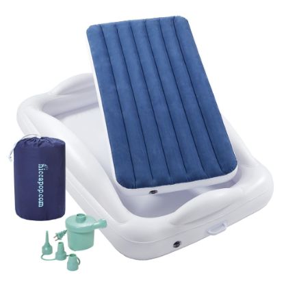 Picture of hiccapop Inflatable Toddler Travel Bed with Safety Bumpers [4-Sided] | Portable Toddler Bed for Kids | Toddler Air Mattress | Kids Air Mattress - Navy Blue