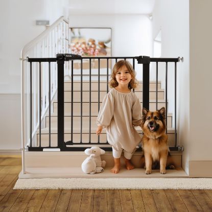 Picture of Babelio Metal Baby Gate, 29-48" Auto Close Easy Install Pet Gate, Extra Wide Walk Thru Child Safety Gate, Pressure Mounted Dog Gate for Doorways and Stairs, with Y Spindle Rods, Black