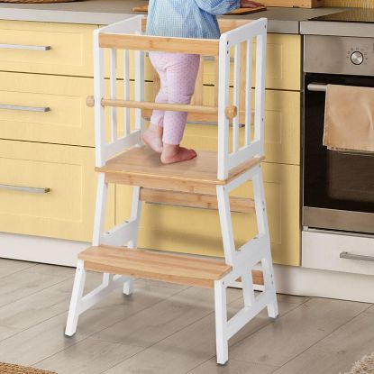 Picture of COSYLAND Kids Kitchen Step Stool, Toddler Standing Tower with CPC & FSC Certification, Removable Anti-Drop Railing Safety Rail Enjoys Unique Patented Design A Anti-tip Stable Structure Natural & White