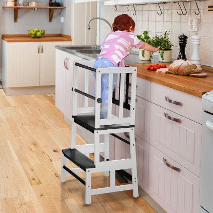 Picture of COSYLAND Kids Kitchen Step Stool, Toddler Standing Tower with CPC & FSC Certification, Removable Anti-Drop Railing Safety Rail Enjoys Unique Patented Design A Anti-tip Stable Structure Black & White