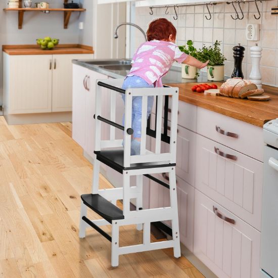Picture of COSYLAND Kids Kitchen Step Stool, Toddler Standing Tower with CPC & FSC Certification, Removable Anti-Drop Railing Safety Rail Enjoys Unique Patented Design A Anti-tip Stable Structure Black & White