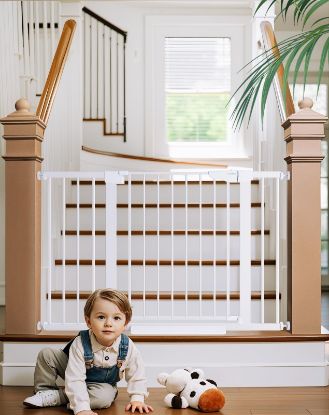 Picture of Cumbor 29.7-48" Baby Gate for Stairs, Mom's Choice Awards Winner-Dog Gate for Doorways, Auto Close Safety Pet Gate for Dogs Indoor, Easy Install Pressure Mounted Child Gate with Walk Thru Door, Black