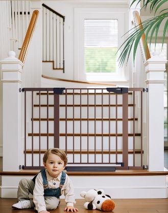 Picture of Cumbor 29.7-48" Baby Gate for Stairs, Mom's Choice Awards Winner-Dog Gate for Doorways, Auto Close Safety Pet Gate for Dogs Indoor, Easy Install Pressure Mounted Child Gate with Walk Thru Door, Brown