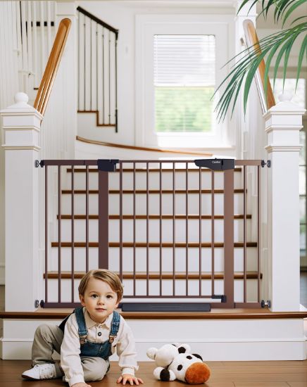 Picture of Cumbor 29.7-48" Baby Gate for Stairs, Mom's Choice Awards Winner-Dog Gate for Doorways, Auto Close Safety Pet Gate for Dogs Indoor, Easy Install Pressure Mounted Child Gate with Walk Thru Door, Brown