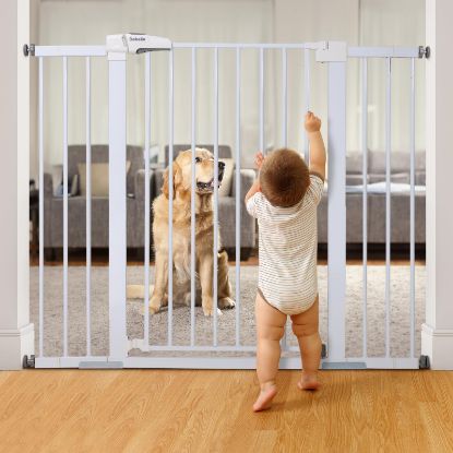 Picture of BABELIO 36" Tall Baby Gate, 29-48" Auto Close Pressure Mounted Dog Gate for Stairs, Doorways & Hallway, Protector Basics Easy Walk Thru Pet Gate, Metal Child Gate with 2*Y Spindle Rods, White
