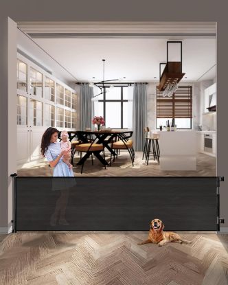 Picture of dearlomum 197 Inch Extra Wide Retractable Baby Gate,Mesh Large Baby Gate or Mesh Pet Dog Gate, Opening Wide Extra Long Child Safety Gate for Indoor, Outdoor, Stairs, Deck（Black,33"x197"