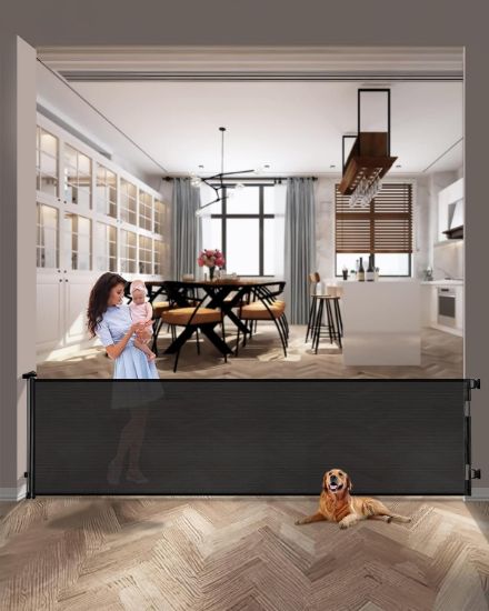Picture of dearlomum 197 Inch Extra Wide Retractable Baby Gate,Mesh Large Baby Gate or Mesh Pet Dog Gate, Opening Wide Extra Long Child Safety Gate for Indoor, Outdoor, Stairs, Deck（Black,33"x197"