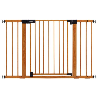 Picture of BABELIO 29-48" Metal Baby Gate with Brown Wood Pattern, Auto Close Dog Gate for The House, Stairs and Doorways, Pressure Mounted Pet Gate with Door, Safety Gate for Child and Pets