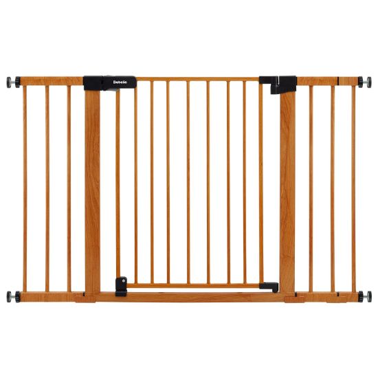 Picture of BABELIO 29-48" Metal Baby Gate with Brown Wood Pattern, Auto Close Dog Gate for The House, Stairs and Doorways, Pressure Mounted Pet Gate with Door, Safety Gate for Child and Pets