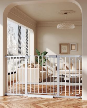 Picture of Cumbor 29.7-57" Extra Wide Baby Gate for Stairs, Mom's Choice Awards Winner-Dog Gate for Doorways, Pressure Mounted Walk Through Safety Child Gate for Kids Toddler, Tall Pet Puppy Fence Gate, Silver