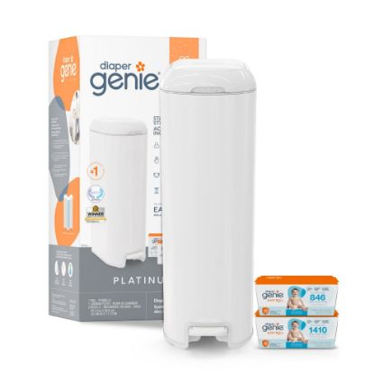 Picture of Diaper Genie Platinum Pail Gift Set, Lily White, Made of Durable Stainless Steel and Includes 2 Easy Roll Refills with 18 Bags and 30 Bags