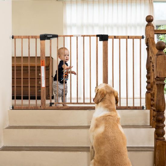Picture of BABELIO 29-55" Extra Wide Baby Gate with Wood Pattern, Metal Auto Close Dog Gate, Pressure Mounted Pet Gate for Doorways, with Y Threaded Spindle Rods, No Tools Required