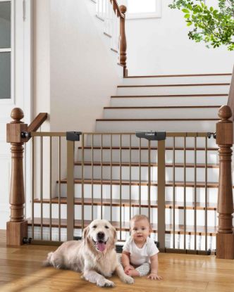 Picture of Cumbor 29.7-54.2" Wide Baby Gate for Stairs, Mom's Choice Awards Winner-Self Closing Dog Gate Indoor for Doorways, No Drilling Pressure Mounted Pet Gates for Kids, Easy Walk Through Safety Gate, Brown