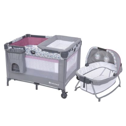 Picture of Baby Trend Nursery Den Playard with with Rocking Cradle, Snooze Pod, Flip Over Changer, Daisy Pink