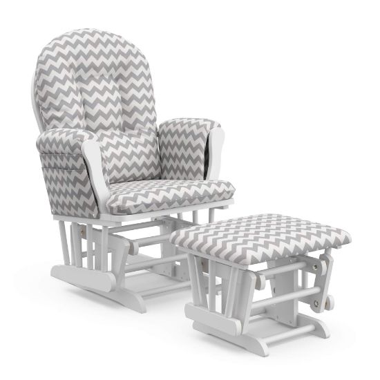 Picture of Storkcraft Premium Hoop Glider and Ottoman (White Base, Gray Chevron Cushion) - Padded Cushions with Storage Pocket, Smooth Rocking Motion, Easy to Assemble, Solid Hardwood Base