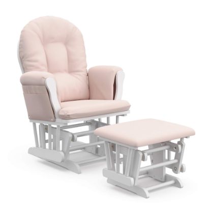 Picture of Storkcraft Premium Hoop Glider and Ottoman (White Base, Pink Cushion) - Padded Cushions with Storage Pocket, Smooth Rocking Motion, Easy to Assemble, Solid Hardwood Base