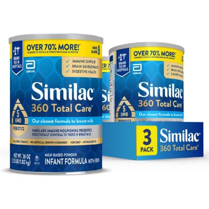 Picture of Similac 360 Total Care Infant Formula, Has 5 HMO Prebiotics, Our Closest Prebiotic Blend to Breast Milk, Non-GMO, Baby Formula Powder, 36-oz Value Can, Pack of 3
