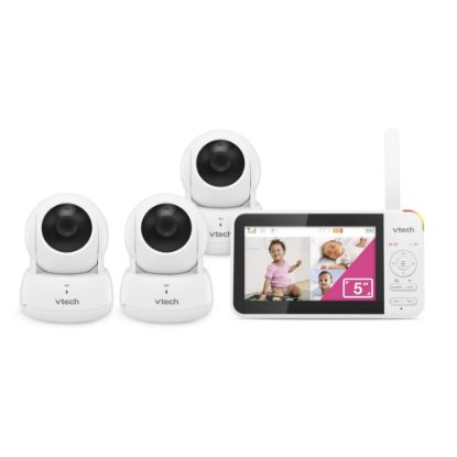 Picture of VTech Video Baby Monitor with 3 Cameras, 5" LCD Screen, Up to 17Hrs Video & 31Hrs Audio Battery Life, Night Vision, 1000ft Range, Pan-Tilt-Zoom, Lullabies, Soothing Sounds, Temperature Sensor, VM924-3