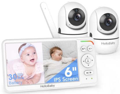 Picture of HelloBaby World's First 6" IPS Split Screen Baby Monitor with 2 Cameras - No WiFi, 30hr Battery, 355° Pan-Tilt, Night Vision, 1000ft, Portable Travel Video Audio Monitor with Temp Alert/Lullabies/VOX