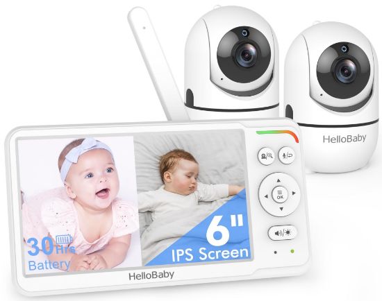 Picture of HelloBaby World's First 6" IPS Split Screen Baby Monitor with 2 Cameras - No WiFi, 30hr Battery, 355° Pan-Tilt, Night Vision, 1000ft, Portable Travel Video Audio Monitor with Temp Alert/Lullabies/VOX