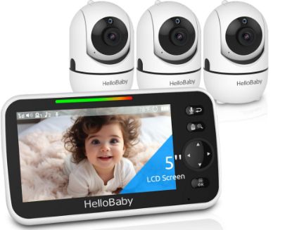 Picture of HelloBaby HB6550 5" Baby Monitor 3 Cameras, 26-Hour Battery, Pan-Tilt-Zoom,1000ft Range Video Audio Baby Monitor No WiFi, ECO, Night Vision, 2-Way Talk, 8 Lullabies and Temperature, Ideal Gifts