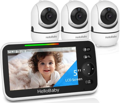 Picture of HelloBaby HB6550 5" Baby Monitor 3 Cameras, 26-Hour Battery, Pan-Tilt-Zoom,1000ft Range Video Audio Baby Monitor No WiFi, ECO, Night Vision, 2-Way Talk, 8 Lullabies and Temperature, Ideal Gifts