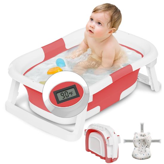 Picture of napei Collapsible Baby Bathtub,Baby Bath Tub with Soft Cushion & Thermometer,Baby Bathtub Newborn to Toddler 0-36 Months,Portable Travel Baby Tub,Drak Red