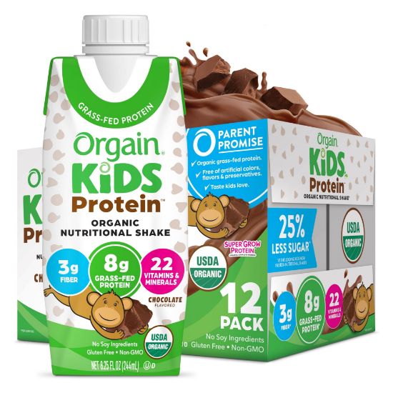 Picture of Orgain Organic Kids Nutritional Protein Shake, Chocolate, Healthy Kids Snacks, 8g Dairy Protein, 3g Fiber, 22 Vitamins & Minerals, No Soy Ingredients, Gluten Free, Non-GMO, 8.25 Fl Oz (Pack of 12)
