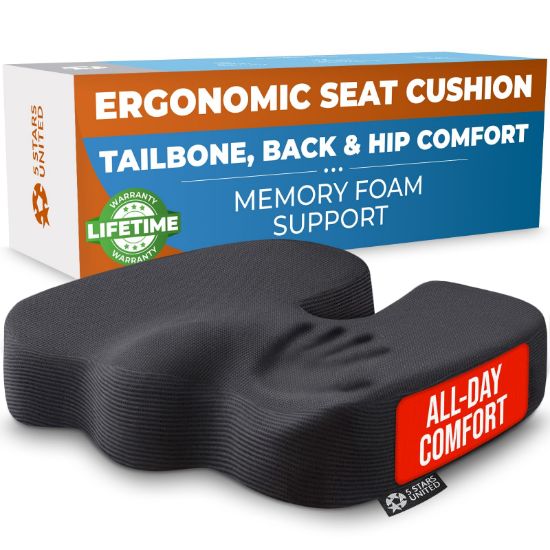 Picture of 5 STARS UNITED Seat Cushion - Memory Foam Chair Cushion for Tailbone Pain Relief - Ergonomic Support for Coccyx, Sciatica & Butt - Office, Desk & Gaming Chair, Car Seat, Wheelchair, Airplane, Black