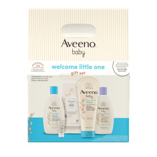 Picture of Aveeno Baby Welcome Little One Gift Set, Skincare Set with Nourishing Body Wash & Shampoo, Calming Bath Wash, All Over Wipes, Daily Moisturizing Lotion, & Balm, 5 Items