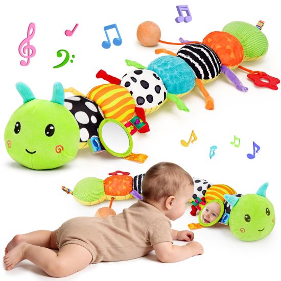 Picture of Baby Sensory Toy 0-6 Month Music Animal Stuffed Plush Caterpillar Toy for Infant 0-3-6-12 Month Old Tummy Time with Mirror Crinkle Rattle Toys for Newborn Boys Girl Shower Gifts Easter Basket Stuffer