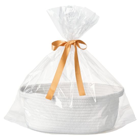 Picture of Kodomoore Small Woven Easter Basket with Gift Bag and Ribbon - Empty Burr Basket for Gifts, Baby Shower, & Birthdays - Decorative Rope Storage Organizer for Shelves, 12"x8"x5", White