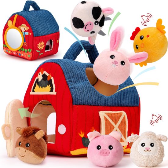 Picture of hahaland Baby Toys 6-12 Months - Surprise Barn Stuffed Farm Animals, Rattle, Crinkle, Mirror, Montessori Toys for 6 Month Old Sensory Balls 1-3, Baby Boy Gifts, Farm Plush Toys for Babies Travel Toy
