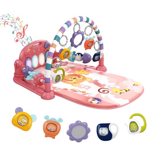 Picture of dearlomum Baby Play Mat Gym, Funny Play Piano Tummy Time Activity Mat with 5 Infant Sensory Toys, Music and Lights, Boy & Girl Gifts for Newborns 0 to 3 6 9 12 Months (Pink)