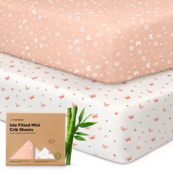 Picture of Pack and Play Sheets Fitted - 2-Pack Mini Crib Sheets for Pack N Play Mattress 38x26, Soft & Cozy, Neutral Toddler Playard Bedding, Snug Fitted Mini Baby Crib Mattress Cover Boy, Girl (Butterflies)