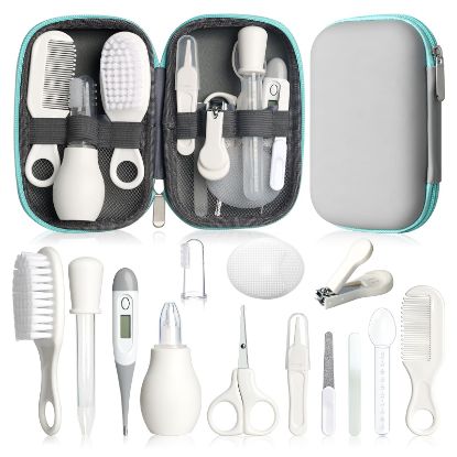 Picture of Baby Grooming Kit, Infant Safety Care Set with Hair Brush Comb Nail Clipper Nasal Aspirator,Baby Essentials Kit for Newborn Girls Boys (Grey White)
