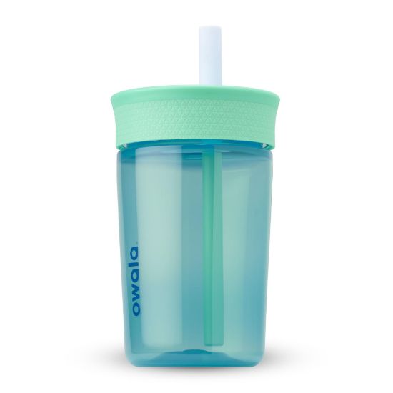 Picture of Owala Kids Insulation BPA-Free Plastic Tumbler with Spill Resistant Flexible Straw, Easy to Clean, Kids Water Bottle, Great for Travel, Dishwasher Safe, 15 Oz, Teal and Aqua (The Blues)