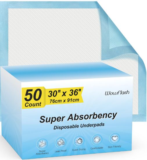 Picture of Wowflash Super Absorbency Disposable Leakproof Underpads with Quick Drying for Baby, Adults, Puppy, Dog Bed Pee Pads, Extra Large, XXL Incontinence Pads, 30 x 36, 50 Count