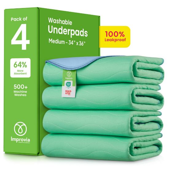 Picture of IMPROVIA Washable Underpads, 34" x 36" (Pack of 4) - Heavy Absorbency Reusable Bedwetting Incontinence Pads for Kids, Adults, Elderly, and Pets - Waterproof Protective Pad for Bed, Couch, Sofa, Floor