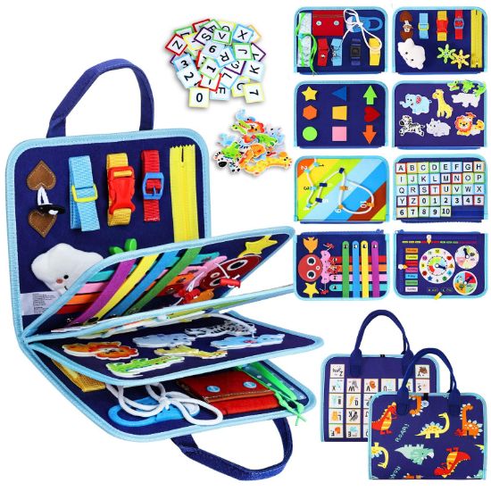 Picture of Esjay Toddler Busy Board Montessori Toys for Boys, Sensory Book Educational Activities for Learning Fine Motor Skills, Birthday Gifts for Boys Toddlers, Travel Toys for Airplane Car, Blue Dinosaur