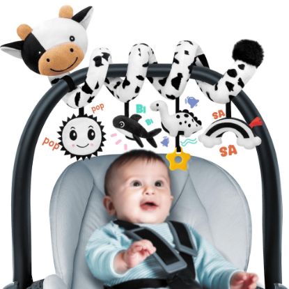 Picture of Spiral Car Seat Baby Toys 0-6 Months, Infant Carseat High Contrast Sensory Toys Hanging Stroller Accessories, Newborn Shower Gifts for Baby Boys Essentials Stuff, Cute Black and White Cow