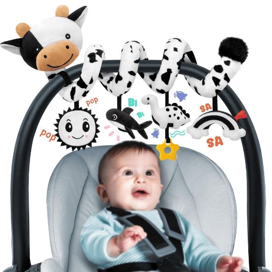 Picture of Spiral Car Seat Baby Toys 0-6 Months, Infant Carseat High Contrast Sensory Toys Hanging Stroller Accessories, Newborn Shower Gifts for Baby Boys Essentials Stuff, Cute Black and White Cow
