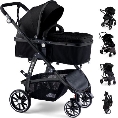 Picture of Baby Stroller, 2-in-1 Reversible Toddler Seat with Lie-Flat Mode, Foldable Infant Stroller with Canopy, One Button Brake, Adjustable Handle, Newborn Pushchair (Black B)