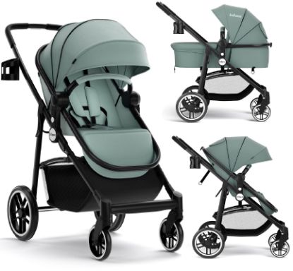 Picture of INFANS 2 in 1 Baby Stroller, High Landscape Infant Stroller & Reversible Bassinet Pram, Foldable Pushchair with Adjustable Canopy, Cup Holder, Storage Basket, Suspension Wheels (Green)