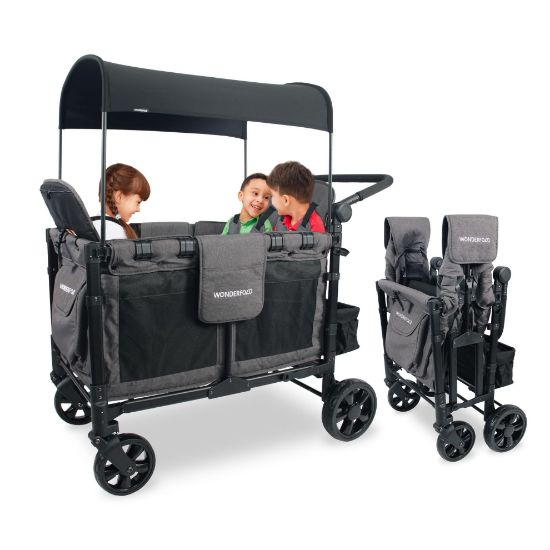 Picture of WONDERFOLD W4 Elite Stroller Wagon (4 Seater) - Collapsible Wagon Stroller with Seats with 5-Point Harnesses, Adjustable Push Handle, and Removable UV Sun Canopy, Charcoal Gray