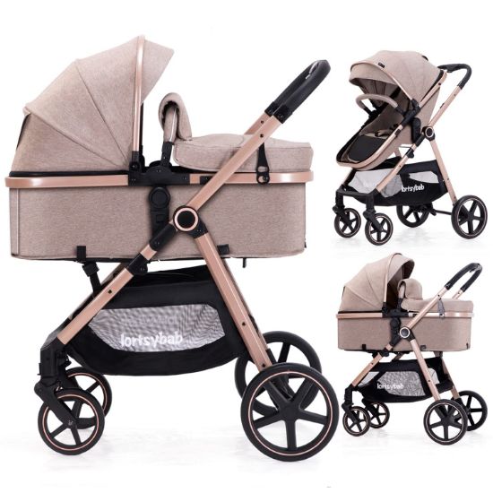 Picture of Lortsybab 2-in-1 Baby Stroller - Folding Infant Newborn Pram Stroller with Reversible Seat - Toddler Strollers for 0-36 Months Old Babies (Beige)